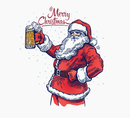 Jolly Santa Claus with a beer in hand.