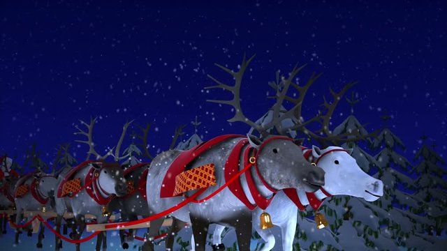 Santa Claus riding on sledge with reindeers in night forest