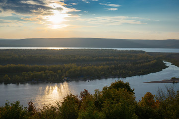 Naklejka na ściany i meble View of the valley of the Volga river on the sunset