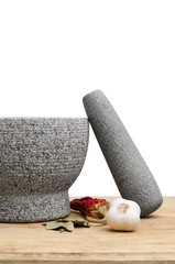 Stone Mortar On Wooden Table