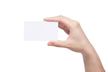 Obraz premium Blank card in hand with clipping path isolated on white backgrou