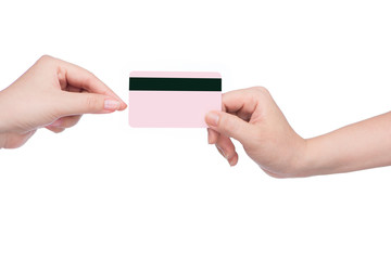 Female hand holding pink credit card.