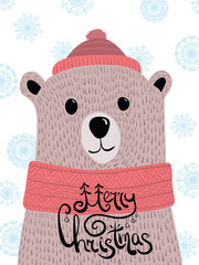 Vector Christmas illustration with a portrait of brown bear. Cartoon Grizzly. Lettering. New Year card. The stylized animal.