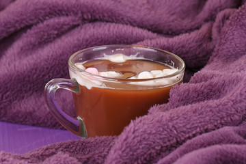 Obraz na płótnie Canvas hot chocolate, cozy knitted blanket.