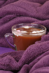 hot chocolate, cozy knitted blanket.