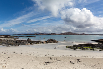 Fototapeta na wymiar White sand beach Scottish island of Iona Scotland uk Inner Hebrides view to the Isle of Mull