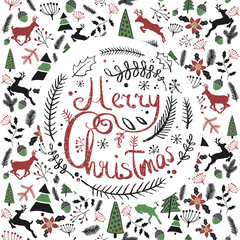 Vector illustration of a Christmas wreath. Stylized round spruce branches. Lettering. Caption. Doodle. Background with Typography. Greeting card. Pattern.