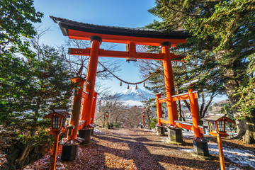 Fototapeta na wymiar Mt. Fuji with red pagoda, Fujiyoshida, Japan
