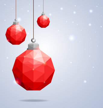 Christmas greeting card concept with red polygonal Christmas ball hanging on winter background-Vector Illustration