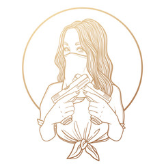 criminal beautiful girl with two guns. vector illustration with sexy girl, tattoo style. line art. gang with weapons. Mafia in the mask.