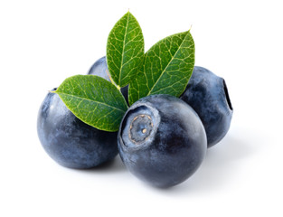 Blueberry. Fresh berries with leaves isolated on white. © Tim UR