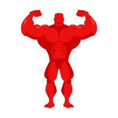 Bodybuilder red cartoon. Athlete with big muscles. Sportsman on