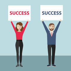 Success concept, business man and woman holding banner over her head with success written on it © Graphicroyalty