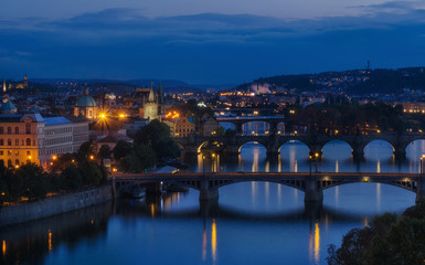 Evening view on Charles bridge over Vltava river in Prague,capit