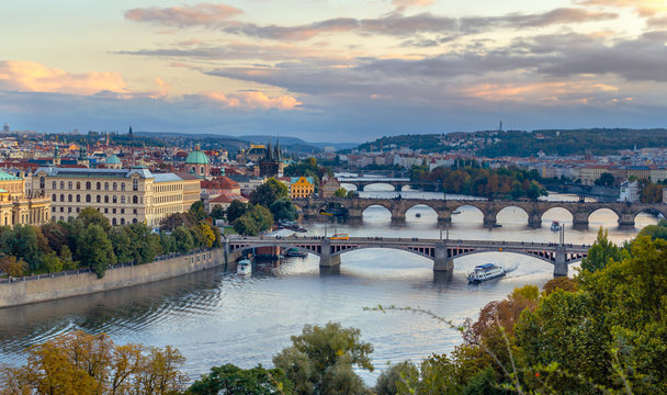 View on Charles bridge over Vltava river in Prague,capital city