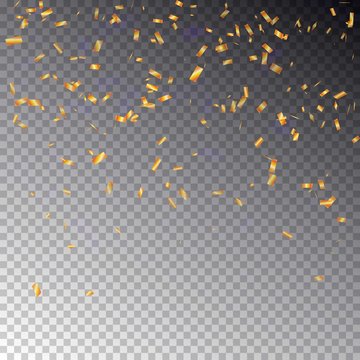 Transparent background with many falling gold tiny confetti piec