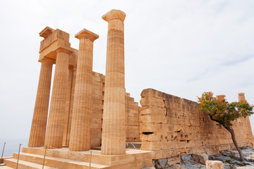 Ancient columns on Lindos, Rhodes island, Greece. Vertical shot