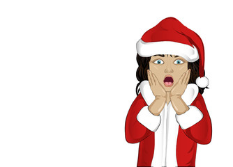 Wow. Girl in Santa Claus costume very surprised. Child. Vector