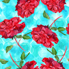 Seamless pattern with watercolor roses on teal blue