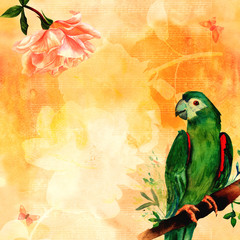 Vintage card with bird, rose, butterfly, and copyspace © laplateresca