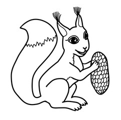Vector illustration of squirrel holding cone black and white