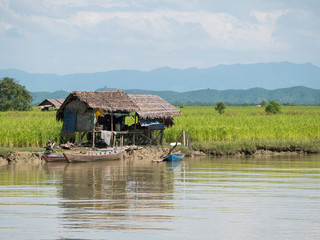 Houses along the Kaladan River in Myanmar