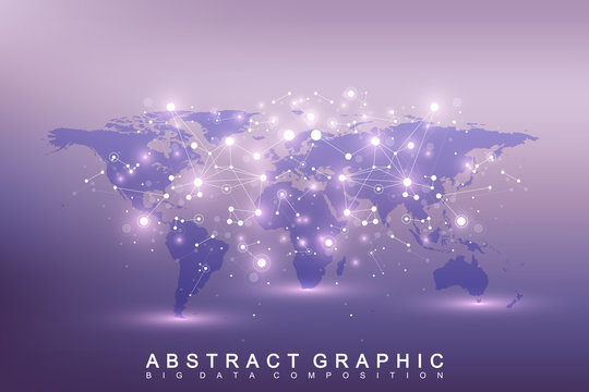 Geometric graphic background communication. Big data complex with compounds. Perspective backdrop with World Map. Minimal array Big data. Digital data visualization. Scientific vector illustration.