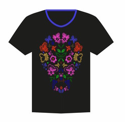 T-shirt design with skull , flowers , butterflies. Colorful vector illustration hand drawn.

