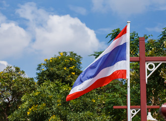 Thai flag of Thailand with blue sky background.