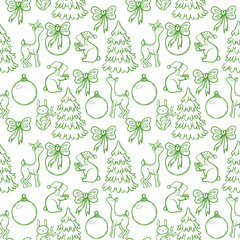 Cute Christmas seamless pattern with animals: deer, doe, rabbit, lamb. Christmas Tree and cute animals. Funny animals childish design. Wonderful winter pattern for paper or fabric.