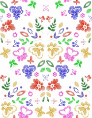 Obraz premium Floral seamless background pattern with fantasy flowers. Vector colorful illustration hand drawn. Embroidery design - flowers, leaves, butterflies . Craft paper, fabric swatch.
