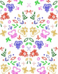 Floral seamless background pattern with fantasy flowers. Vector colorful illustration hand drawn. Embroidery design - flowers, leaves, butterflies . Craft paper, fabric swatch.