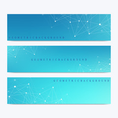 Modern set of vector banners. Geometric abstract presentation. Molecule DNA and communication background for medicine, science, technology, chemistry. Cybernetic dots. Lines plexus.