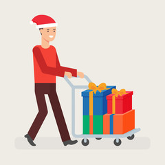 Vector illustration of a man with gift boxes