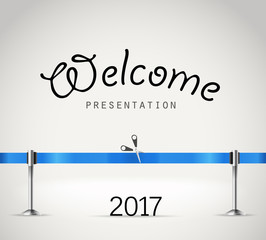 Photorealistic bright stage with projectors and blue ribbon. Pre