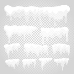 Vector icicle and snow elements on transparent background. Diffe - obrazy, fototapety, plakaty