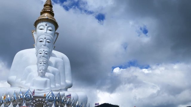 panning shot of Five Buddhas at Wat Phra Thad Pha Son Kaew Temple, Phetchabun, Thailand