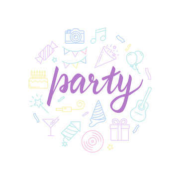 Party lettering with icons. Calligraphy font