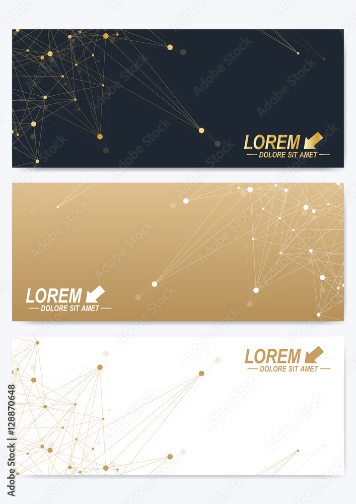 Poster Modern set of vector banners. Geometric abstract presentation. Molecule and communication background for medicine, science, technology, chemistry. Golden cybernetic dots. Lines plexus. Card surface.