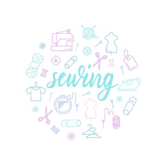 Fototapeta premium Sewing lettering with icons. Calligraphy font