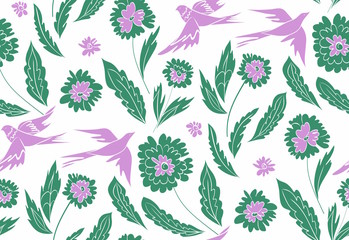 Floral seamless background pattern with flowers and birds. Colorful vector illustration hand drawn. Spring - summer season.