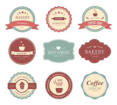 Collection of vintage retro bakery logo badges and labels. Coffe