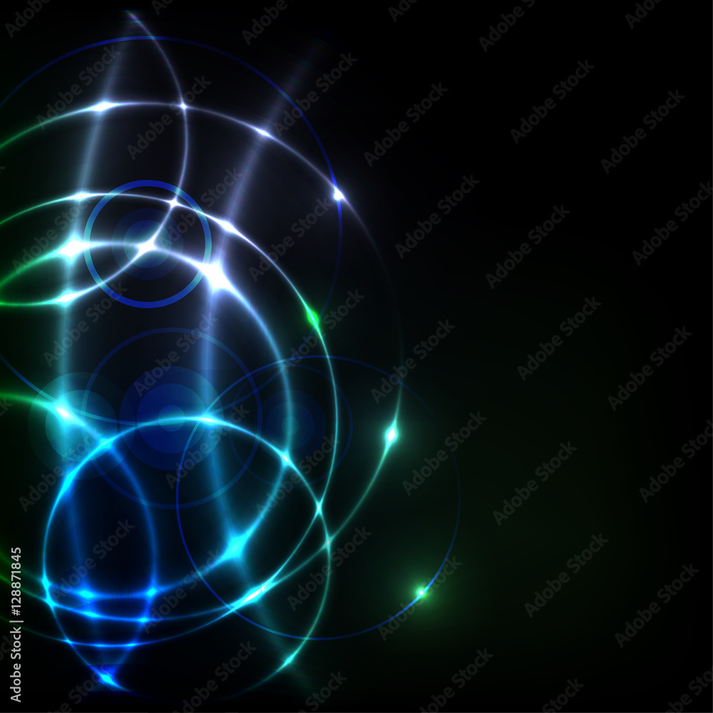 Poster black background with abstract shiny lines and circles