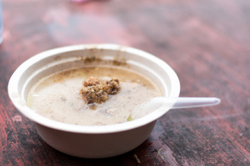 close up thai style mush with pork in bowl is delicious meal,sel