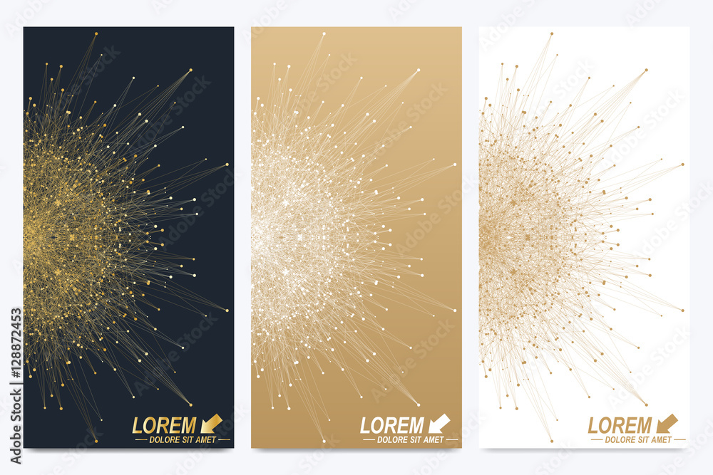 Poster Modern set of vector flyers. Geometric abstract presentation. Molecule and communication background for medicine, science, technology, chemistry. Golden cybernetic dots. Lines plexus. Card surface