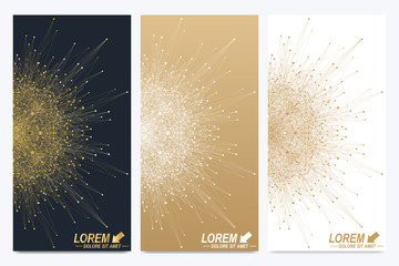 Modern set of vector flyers. Geometric abstract presentation. Molecule and communication background for medicine, science, technology, chemistry. Golden cybernetic dots. Lines plexus. Card surface
