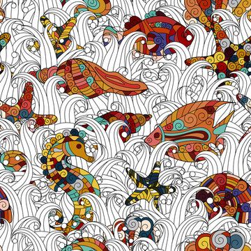 Cartoon hand-drawn doodles on the subject of under water life theme seamless pattern. Colorful detailed, with lots of objects vector background © leezarius