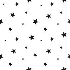 Grunge seamless pattern of black stars on white background, hand painted seamless background, vector design textile, wallpaper, web design, wrapping, fabric, paper