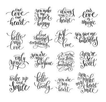 set of handwritten lettering positive quote about love to valent