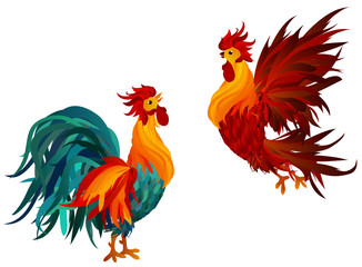 Two Roosters. Vector. Symbol 2017. Isolated Cockerels